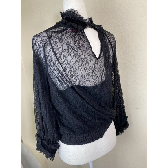 Vince Camuto Black Sheer Lace Long Sleeve Top Size Medium Ruffle Goth Whimsigoth - Picture 2 of 13